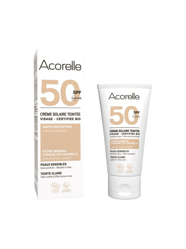 Acorelle Certified Organic Tinted Face Sunscreen SPF 50 Light - Βιολογικό Αντηλιακό Προσώπου SPF50, Με Χρώμα, για Ανοιχτόχρωμη Επιδερμίδα, 50ml