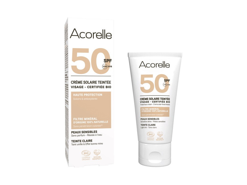 Acorelle Certified Organic Tinted Face Sunscreen SPF 50 Light - Βιολογικό Αντηλιακό Προσώπου SPF50, Με Χρώμα, για Ανοιχτόχρωμη Επιδερμίδα, 50ml