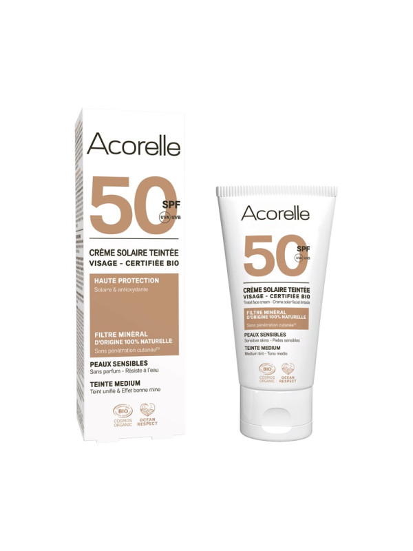 Acorelle Certified Organic Tinted Face Sunscreen SPF 50 Medium - Βιολογικό Αντηλιακό Προσώπου SPF50, Με Χρώμα, για Μεσαίο Τόνο Επιδερμίδας, 50ml