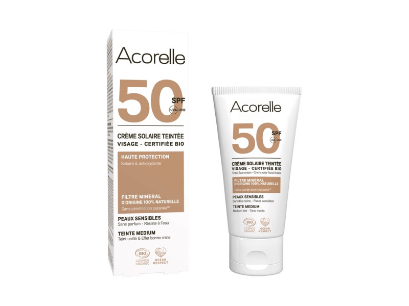 Acorelle Certified Organic Tinted Face Sunscreen SPF 50 Medium - Βιολογικό Αντηλιακό Προσώπου SPF50, Με Χρώμα, για Μεσαίο Τόνο Επιδερμίδας, 50ml
