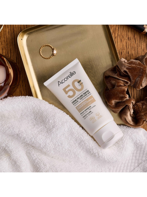 Acorelle Certified Organic Tinted Face Sunscreen SPF 50 Light - Βιολογικό Αντηλιακό Προσώπου SPF50, Με Χρώμα, για Ανοιχτόχρωμη Επιδερμίδα, 50ml